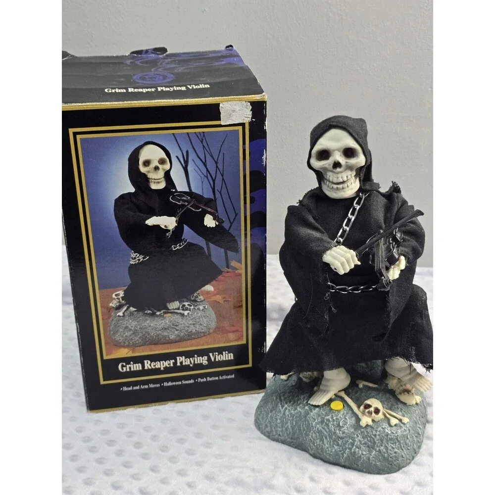 Gemmy Grim Reaper Playing Violin 1996 Halloween Factory  Working Vintage Boxed